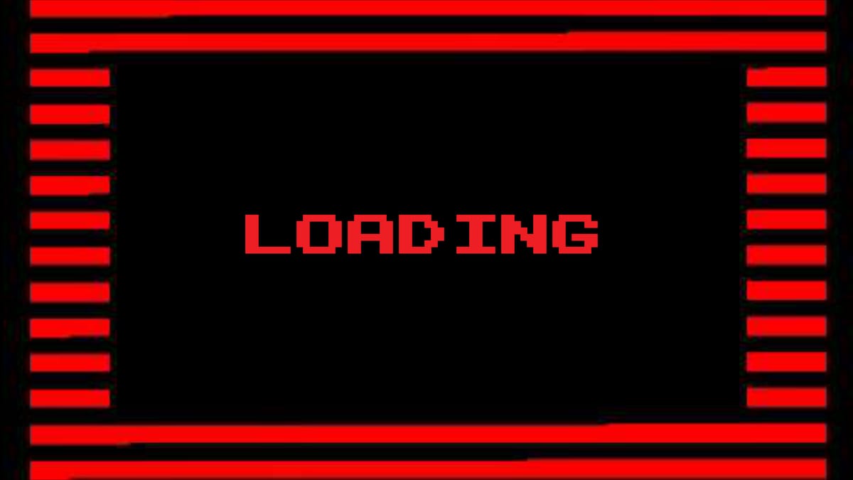 ZX Spectrum style loading screen, black background, red lines with LOADING text in red centre