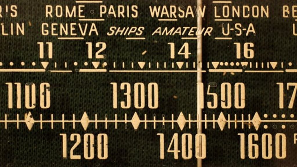 Old fashoined radio dial, black background, yellowy text and numbers of dial with names of European capital cities