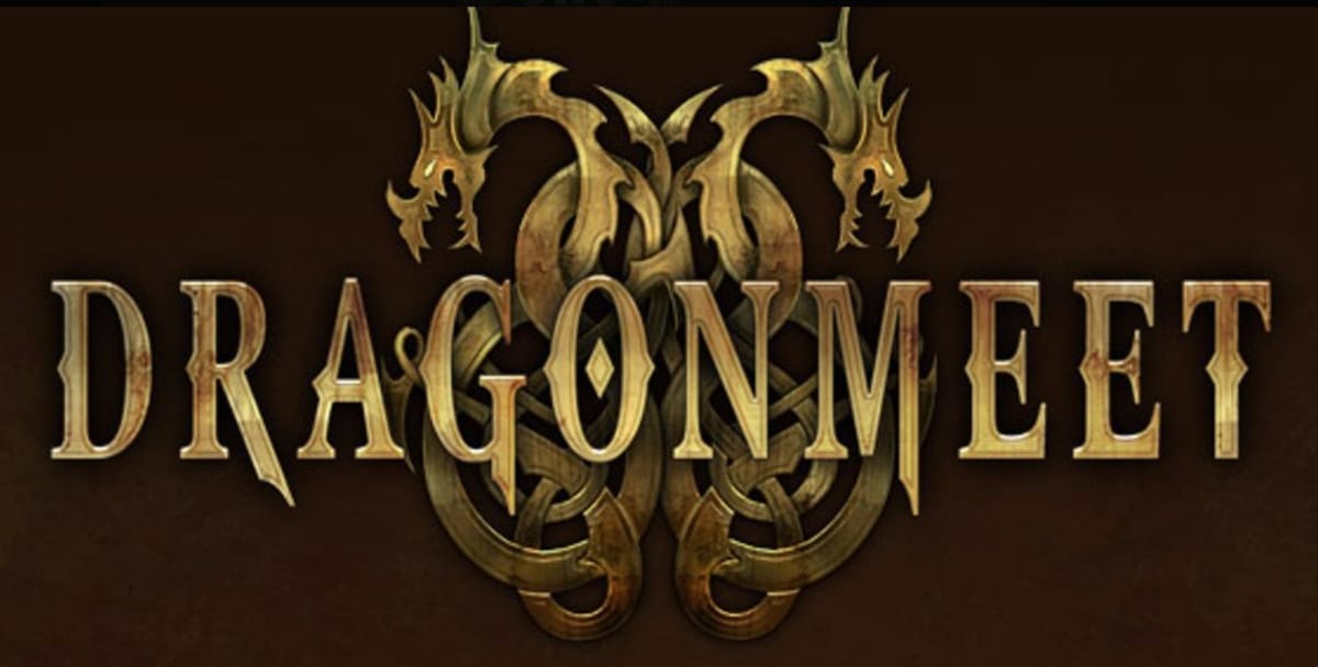 Dragonmeet logo, gold dragons on brown background, text Dragonmeet in centre and behind 2 stylised dragons curling around heads facing away