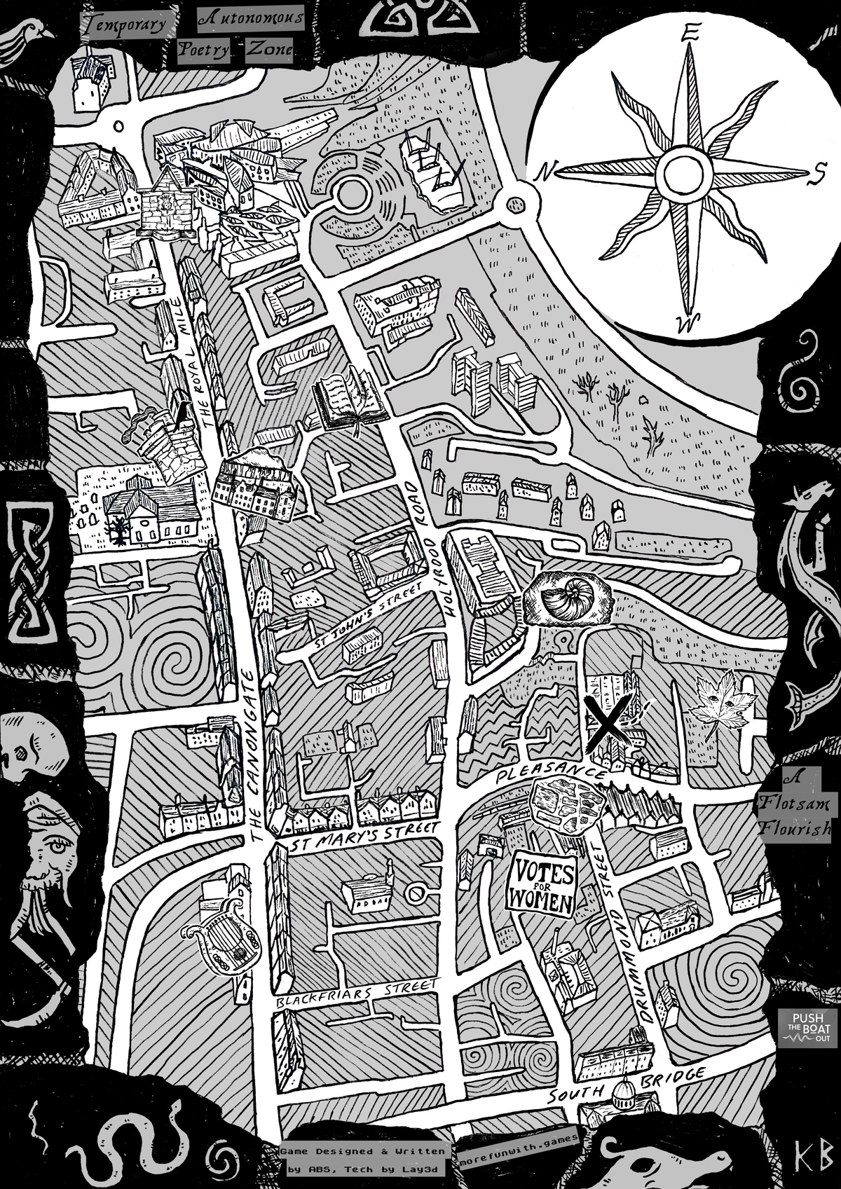 Stylised hand drawn black and white/greyscale map of Edinburgh lower old tow with folklore stylin