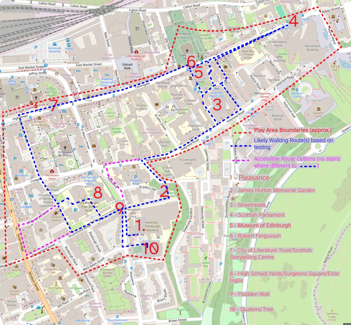Accessibility Map for game indicating suggested walking routes and step free alternative routes