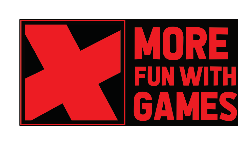 Red and Black off centred X marks the spot logo to left and red text to right saying More Fun With Games